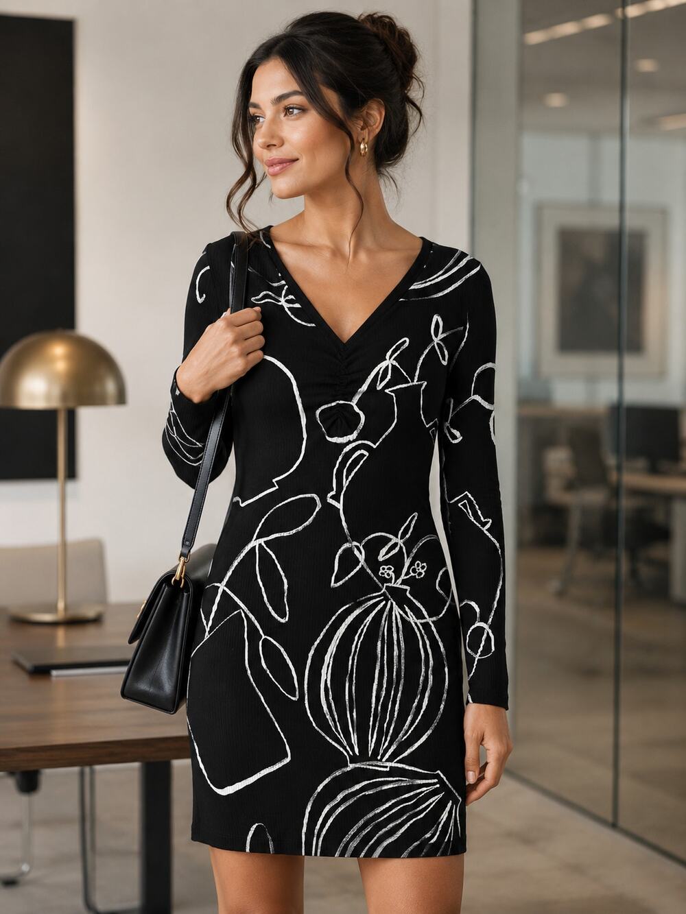 Desigual Printed Short Dress in black & white sketched line-art print Sz M